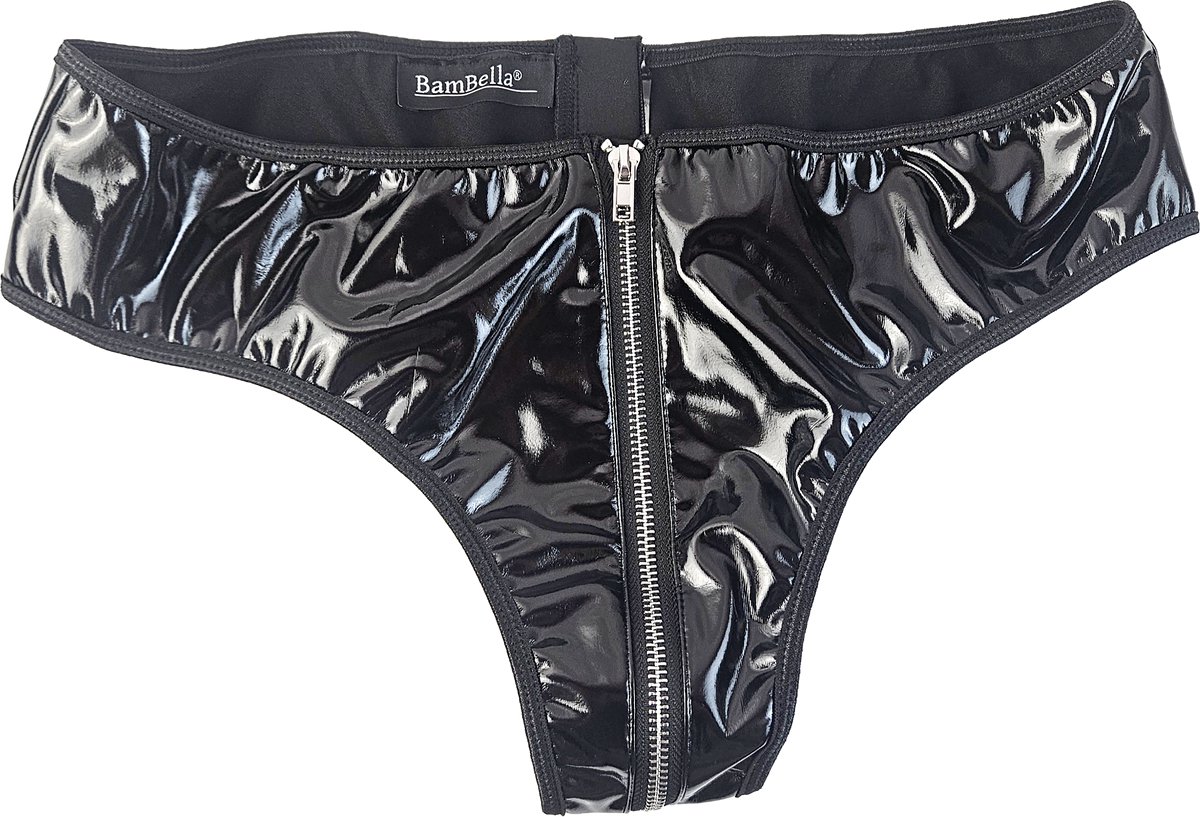 BamBella® Slip Onderbroek - Erotische Sexy SM BDSM Lingerie Danes - Zwart ondergoed Datex mix latex en stof wetlook
