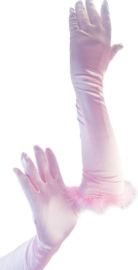 BamBella® - Handschoen feest Lang Roze met dons veren rand- dames - One Size