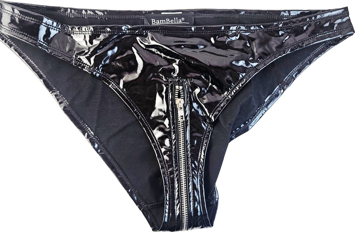 BamBella® Slip Onderbroek - Erotische Sexy SM BDSM Lingerie Danes - Zwart ondergoed Datex mix latex en stof wetlook