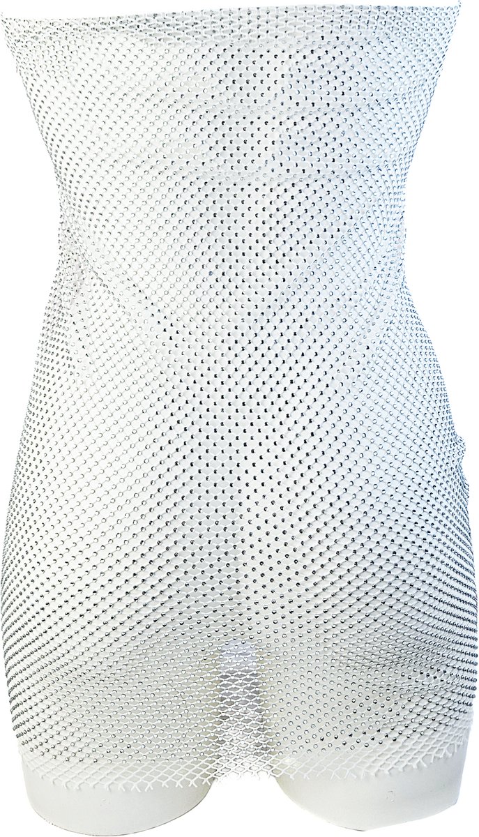 BamBella® - Jurk - Maat Onesize - Strass steentjes SS10 Super stretch Doorzichtig wit kant Sexy erotische tube koker jurk
