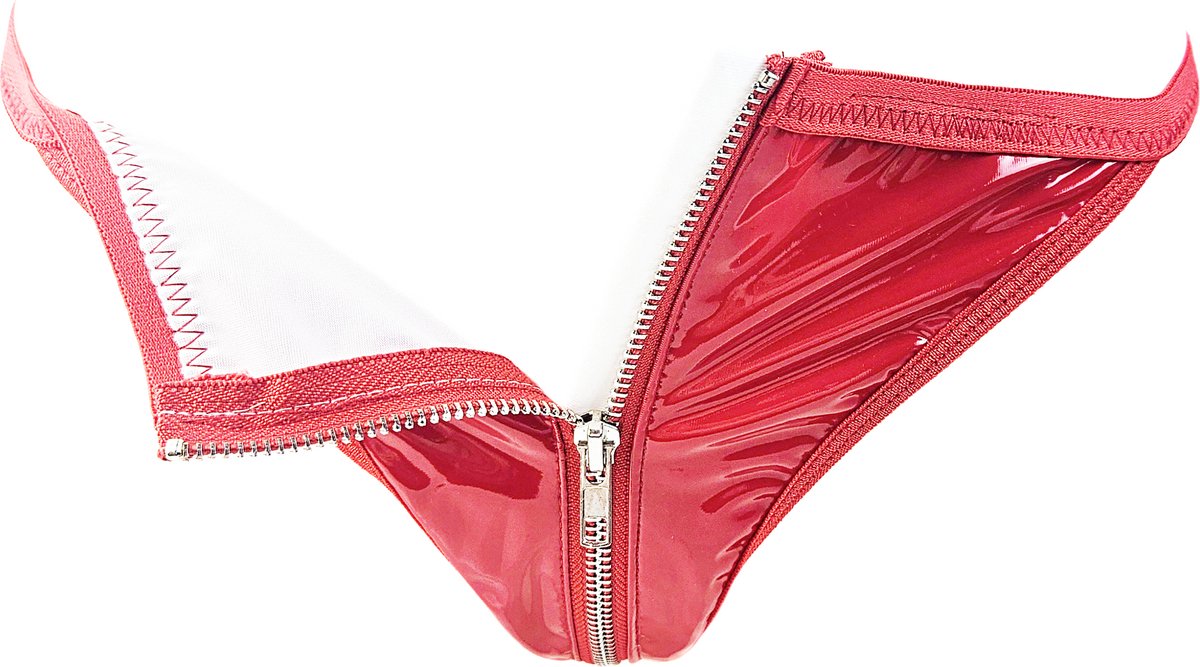 BamBella® Erotische onderbroek -  Wetlook string Dames - Rood Datex mix latex en stof ondergoed Sexy BDSM kleding met rits open kruis