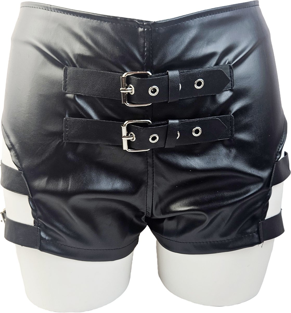 BamBella® Nep leer Shorts   Wetlook korte broek Dames - Zwart met Riemen