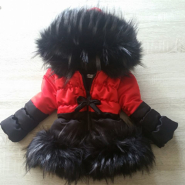 Kinderjas zwart rood  jas  Bontjas met grote bontkraag Winterjas BamBella