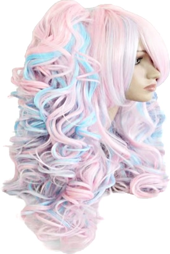 Pruik - Synthetisch - lang haar krullen - roze blauw - pony -dames cosplay staartjes verkleden als japanse anime meisje