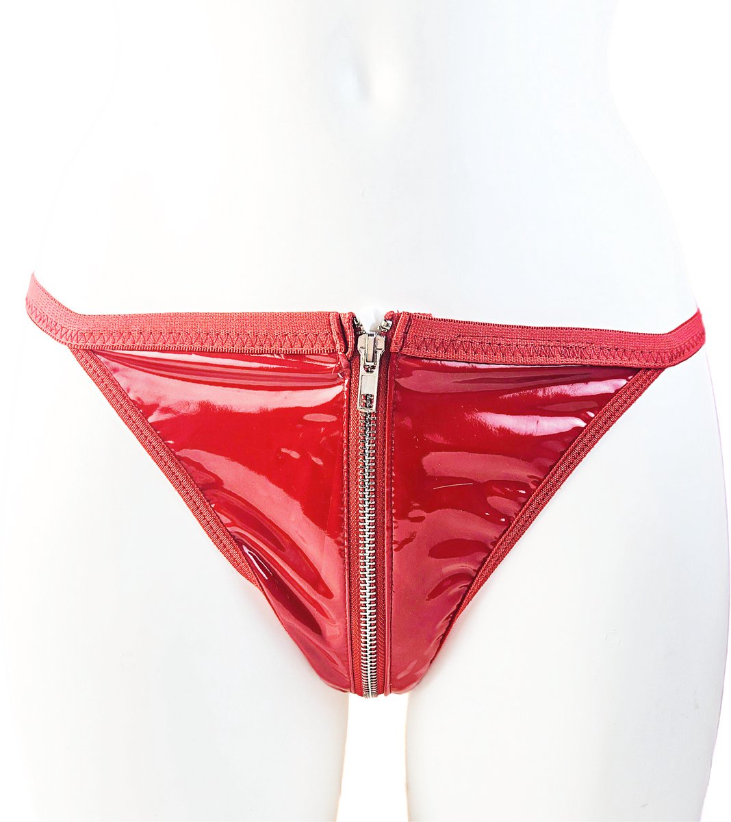 BamBella® Erotische onderbroek -  Wetlook string Dames - Rood Datex mix latex en stof ondergoed Sexy BDSM kleding met rits open kruis