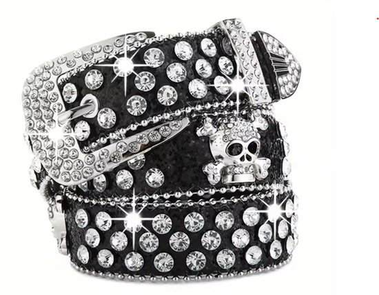 BamBella® - Riem Heup - 115cm maat S M L - verstelbare Belt Dames heupriem taille steentjes roze Skull goth broekriem