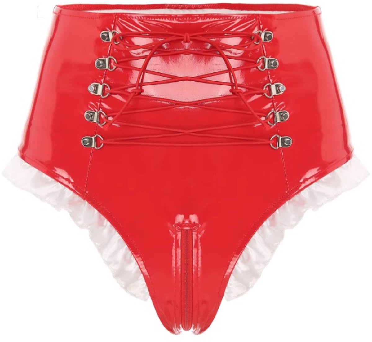BamBella® Slip Onderbroek - M  Erotische Sexy BDSM Lingerie Dames - Rood rits ondergoed Datex mix latex en stof wetlook open kruis