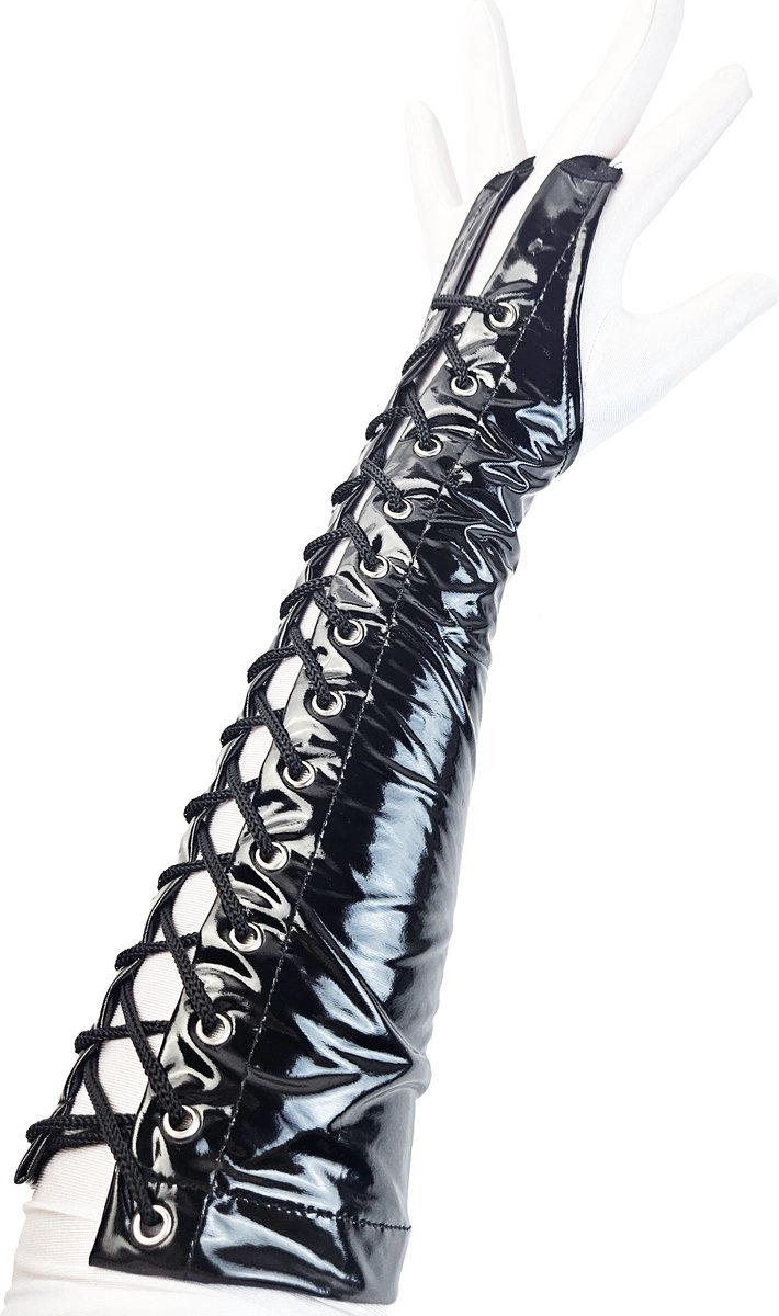 BamBella ® Handschoenen - Maat onesize - Datex (Mix latex en stof ) Sexy Zwart Glans lak vetersluiting