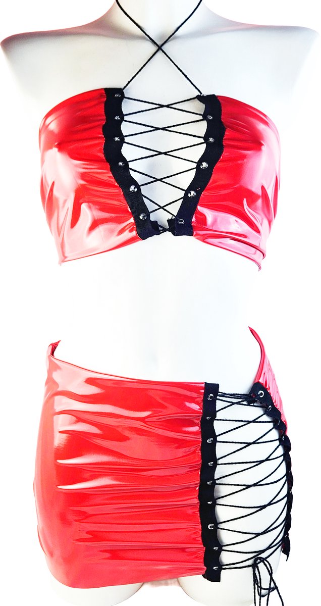 BamBella® Rok en top- Rood Sexy Set van Datex (Mix latex en stof ) Erotische dames kleding set kostuum Rok Lak glans shiny paal dans pak sexy kleding dames