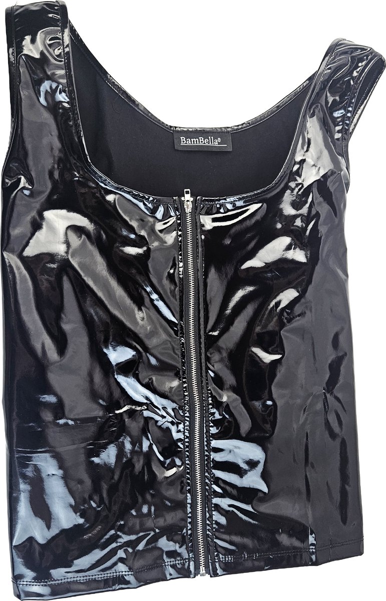 BamBella® Top - - Shirt met ritsZwart dames kleding sexy Glans kleding mix van Latex en stof Datex Wetlook Zwart