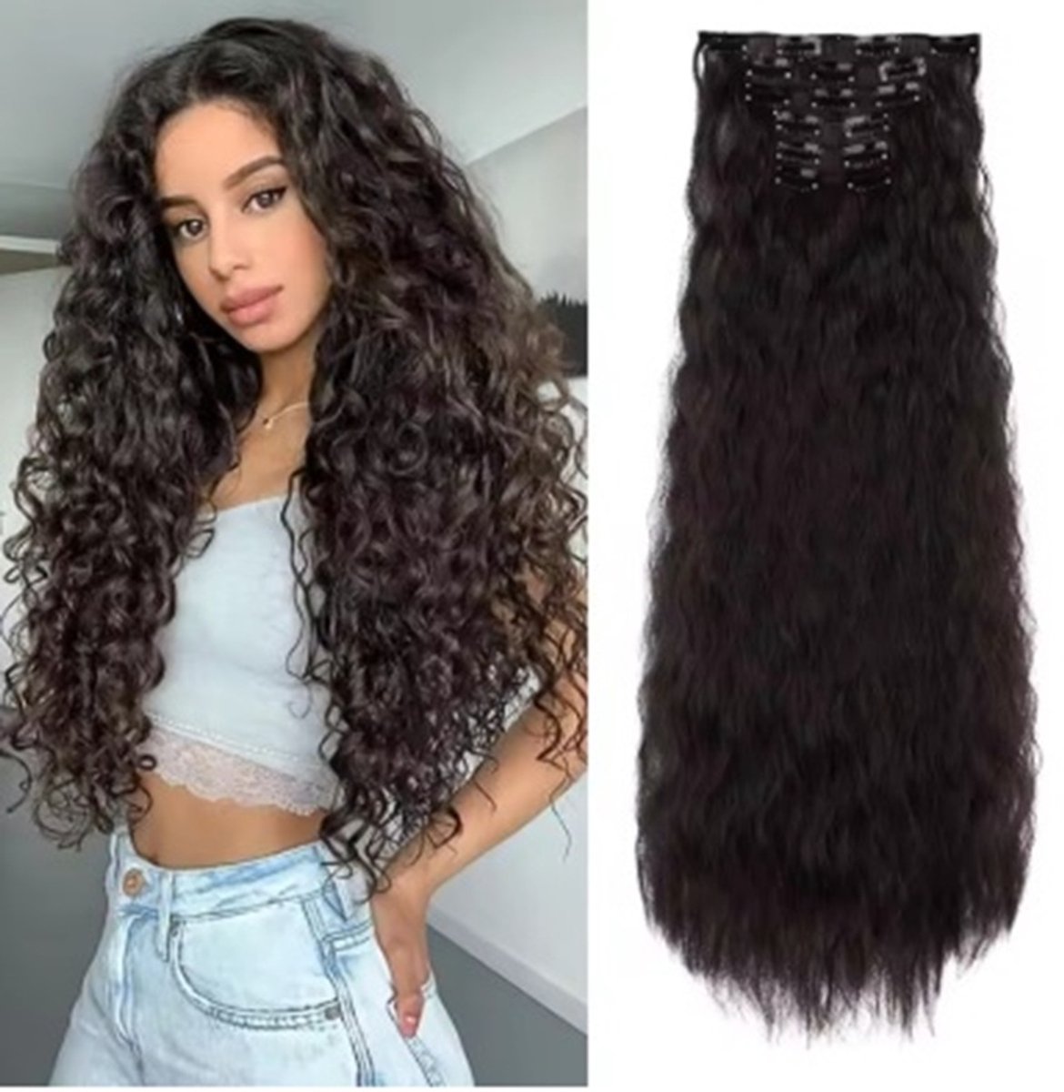 Hair extensions - Clip In - donker bruin - clip ins curly krullen - Synthetisch haar