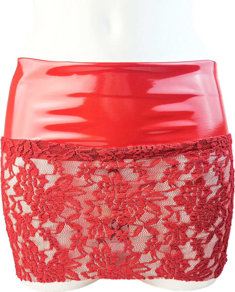 BamBella® - Datex mini Rok -   Rood  met kant Rollenspel sm dames sexy Glans kleding mix van Latex en stof