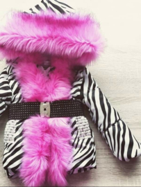 Damen Zebra Wintermantel mit großem Pelzkragen Pelzjacke aus Kunstpelz