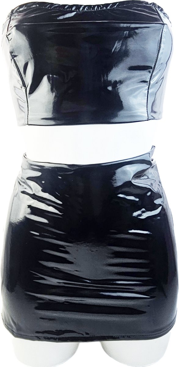 BamBella® Kleding set -   Zwart Wetlook korte rok crop top Dames - Zwart Datex mix latex en stof Sexy 2 delig minirok kleding