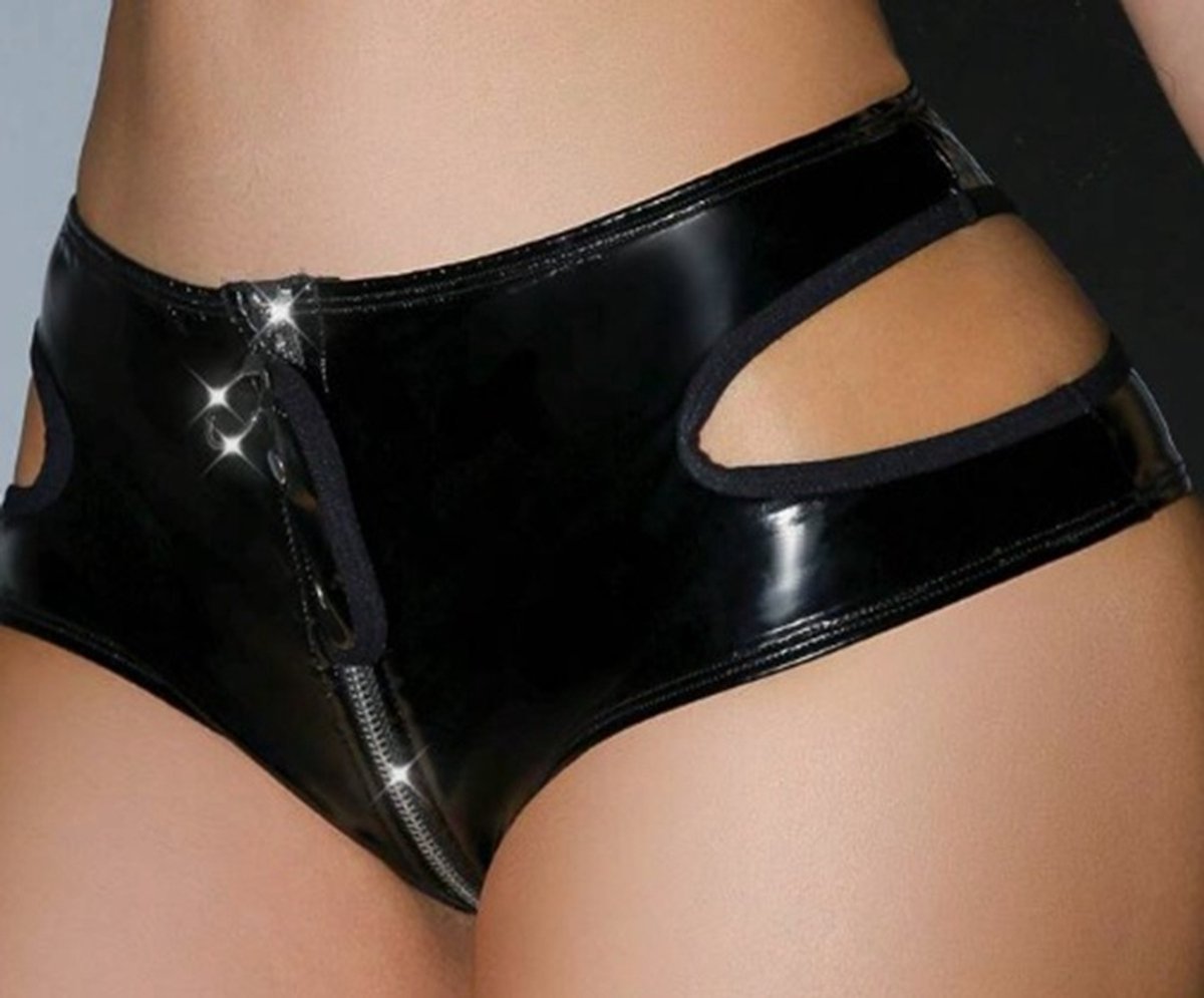 BamBella® Slip Onderbroek   Erotische Sexy SM BDSM Lingerie Danes - Zwart ondergoed Datex mix latex en stof wetlook met rits open kruis