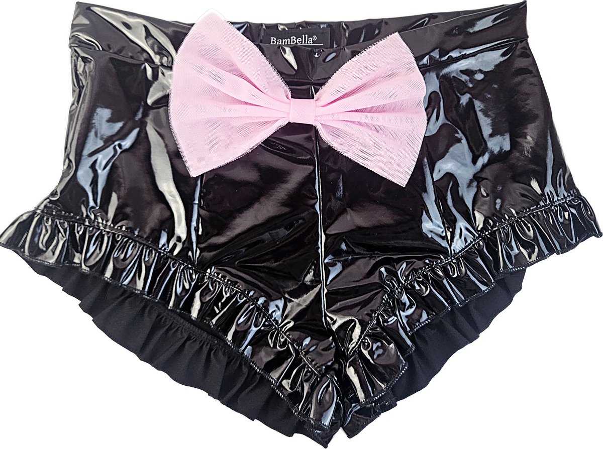 BamBella® Shorts -  Wetlook korte broek Dames - Zwart Datex mix latex en stof met franje