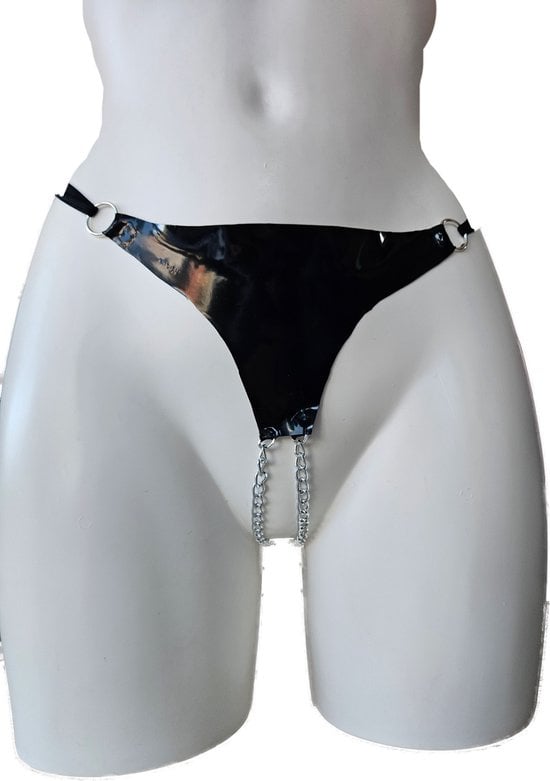 String Kruisloos - LATEX- Zwart - Open kruis met ketting Fetish erotische kleding dames
