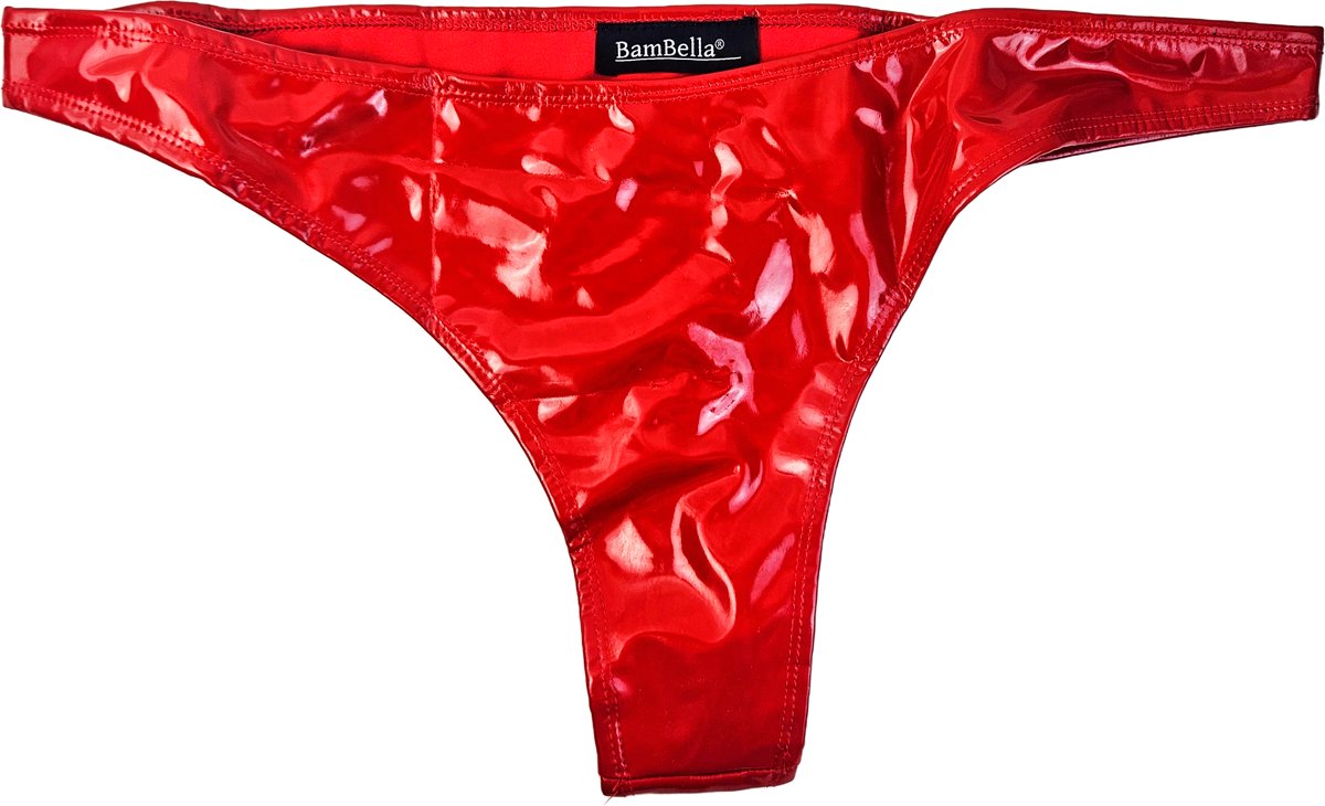 BamBella® Erotische slip-  Wetlook String Dames - Rood Datex mix latex en stof ondergoed Sexy BDSM kleding