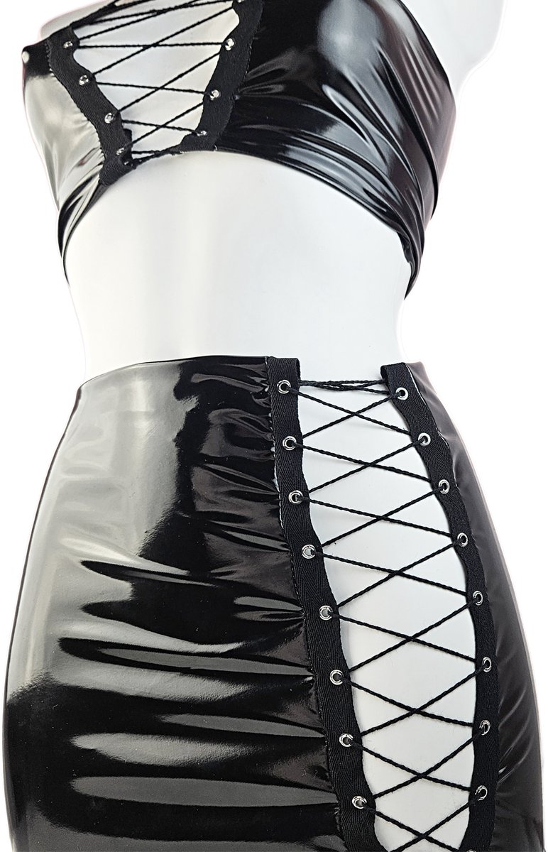 BamBella® Rok en top- Zwart  Sexy Set van Datex (Mix latex en stof ) Erotische dames kleding set kostuum Rok Lak glans shiny paal dans pak sexy kleding dames
