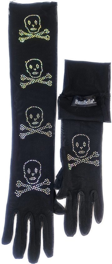 BamBella® - Handschoenen met steentjes Panty stof - One size - Zwart - mesh onesize - Sexy Lange Elastische handschoen
