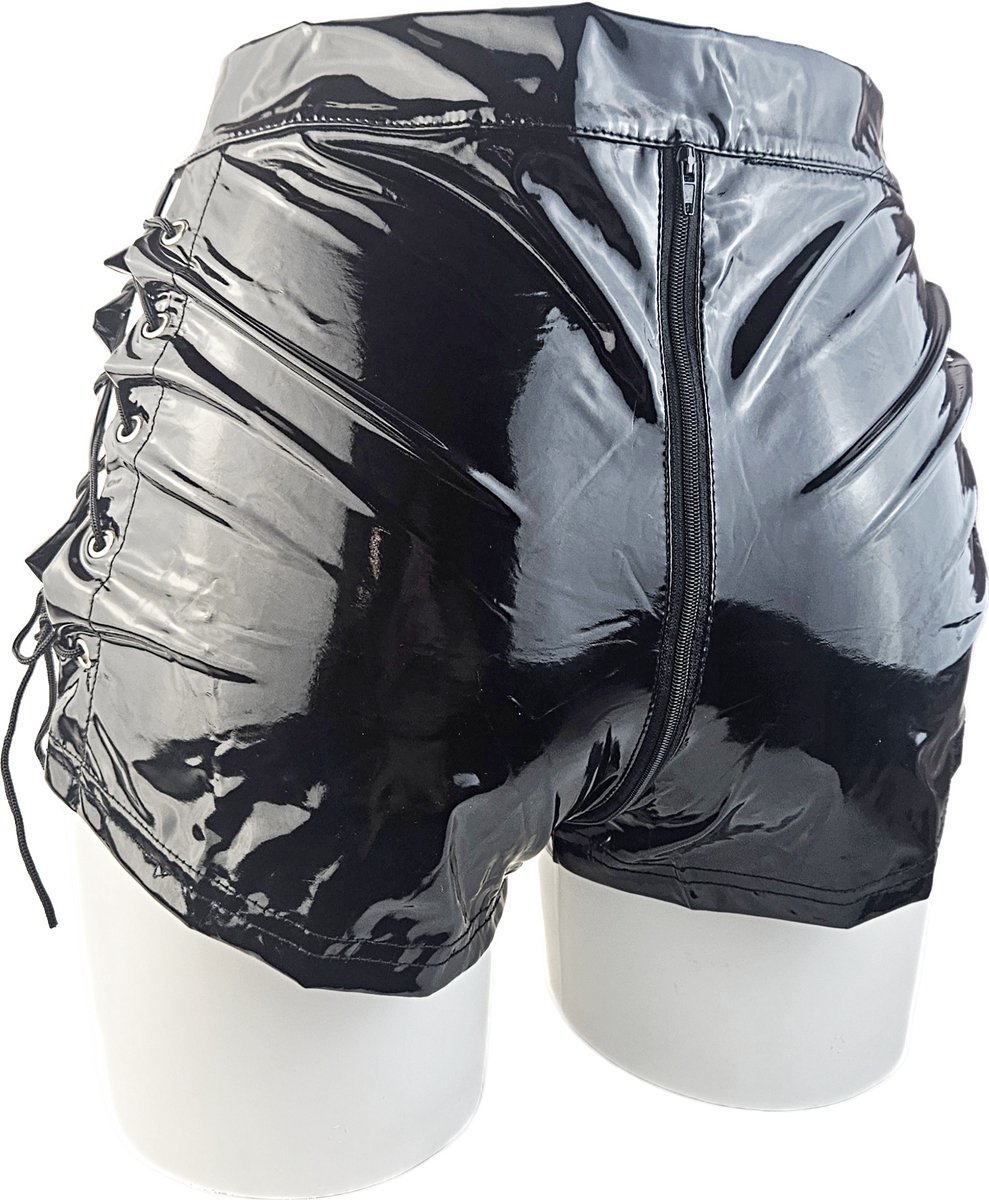 BamBella® Korte broek   Wetlook short Dames - Roze Datex mix latex en stof ondergoed kleding met vetersluiting