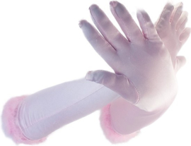 BamBella® - Handschoen feest Lang Roze met dons veren rand- dames - One Size