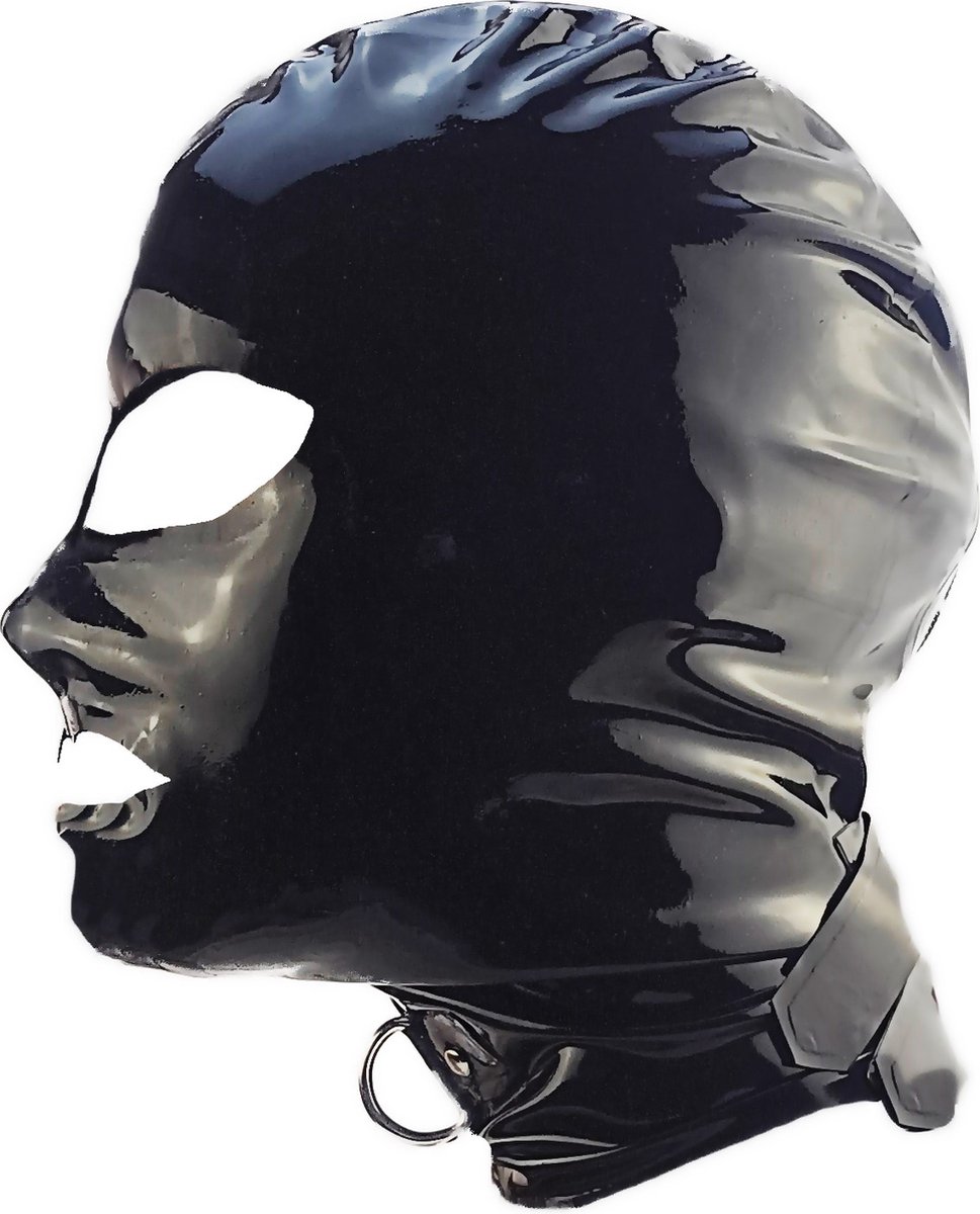 BNDGx® -100% Latex Masker ogen mond open - Anoniem Erotiek - Extreme BDSMsm fetish Rollenspel kleding Zwart nek ring