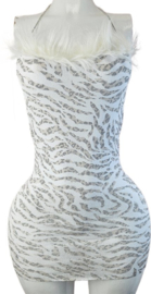 BamBella® - Jurk - Onesize - Erotische sexy nacht jurkje blauw wit doorzichtig kant - Super Stretch imitaite bont