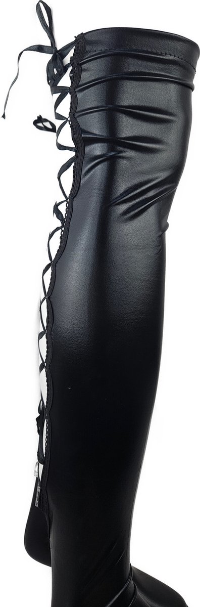 BamBella® - Hoge Kousen - Zwart - Onesize - Wetlook Sexy erotische Veter sKniekousen Super Shiny Fetish kleding