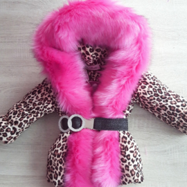 Women's Leopard Print Winter Coat With Big Fur Collar Fur Faux Fur