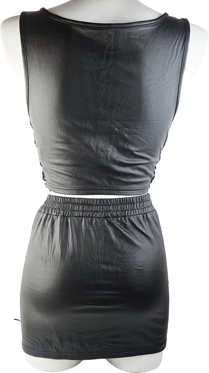 BamBella® Kleding set - Maat S/M - Zwart nepleer korte rok crop top Dames - Zwart sexy 2 delig minirok kleding vetersluiting