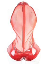 Jumpsuit - Maat S/M - Wetlook - Datex mix van latex en stof met ketting Rood
