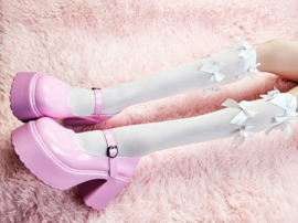 BamBella® Knie Sokken panty stof Dames - Onesize Wit met strikjes net Kniekousen - kousen