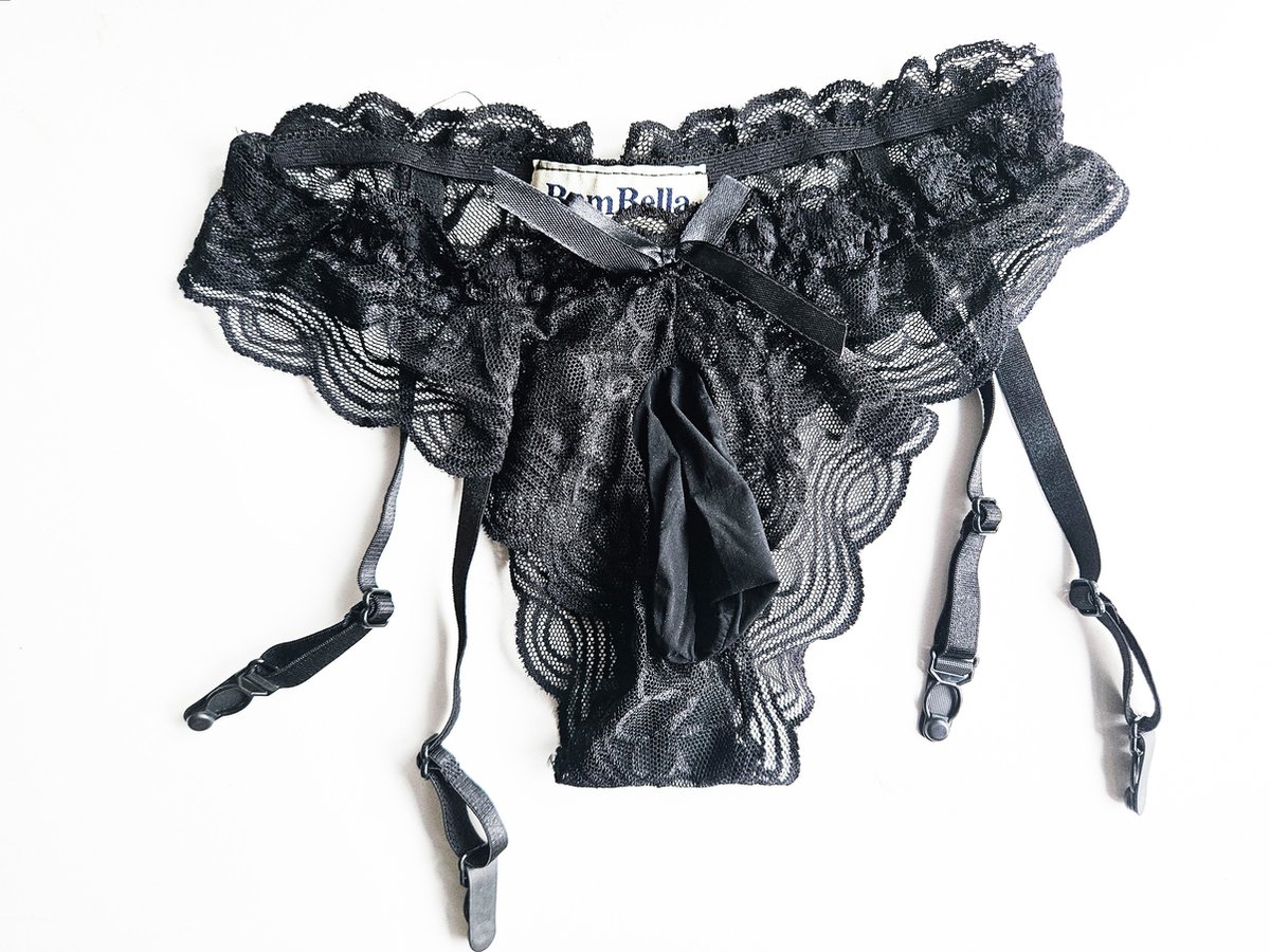 BamBella ® - Sexy String met jarretel clips - One size - Sexy Zwart Erotische onderbroek Heren