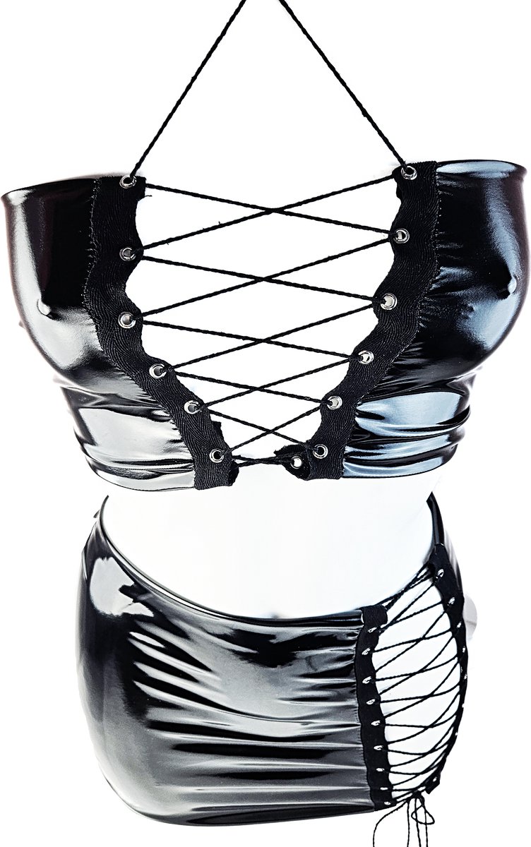 BamBella® Rok en top- Zwart  Sexy Set van Datex (Mix latex en stof ) Erotische dames kleding set kostuum Rok Lak glans shiny paal dans pak sexy kleding dames