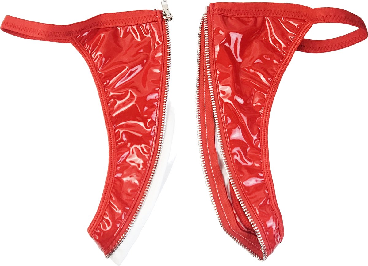 BamBella® Erotische onderbroek -  Wetlook string Dames - Rood Datex mix latex en stof ondergoed Sexy BDSM kleding met rits open kruis