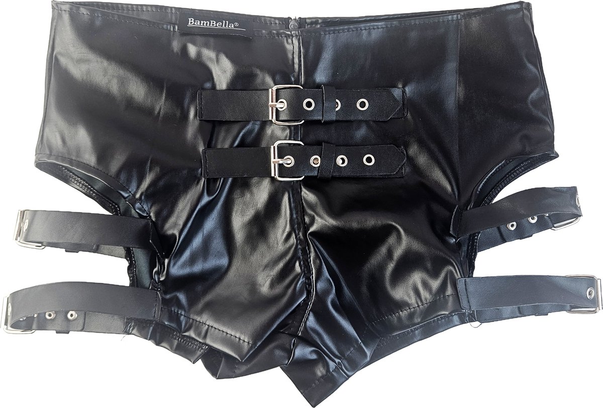 BamBella® Nep leer Shorts   Wetlook korte broek Dames - Zwart met Riemen