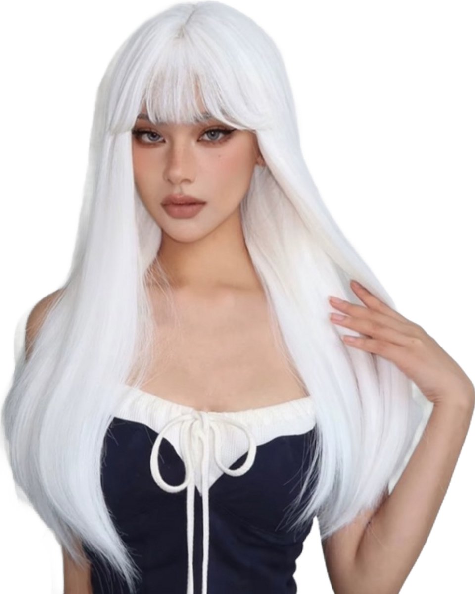 Pruik - Synthetisch - lang haar - Wit - pony -dames carnaval cosplay