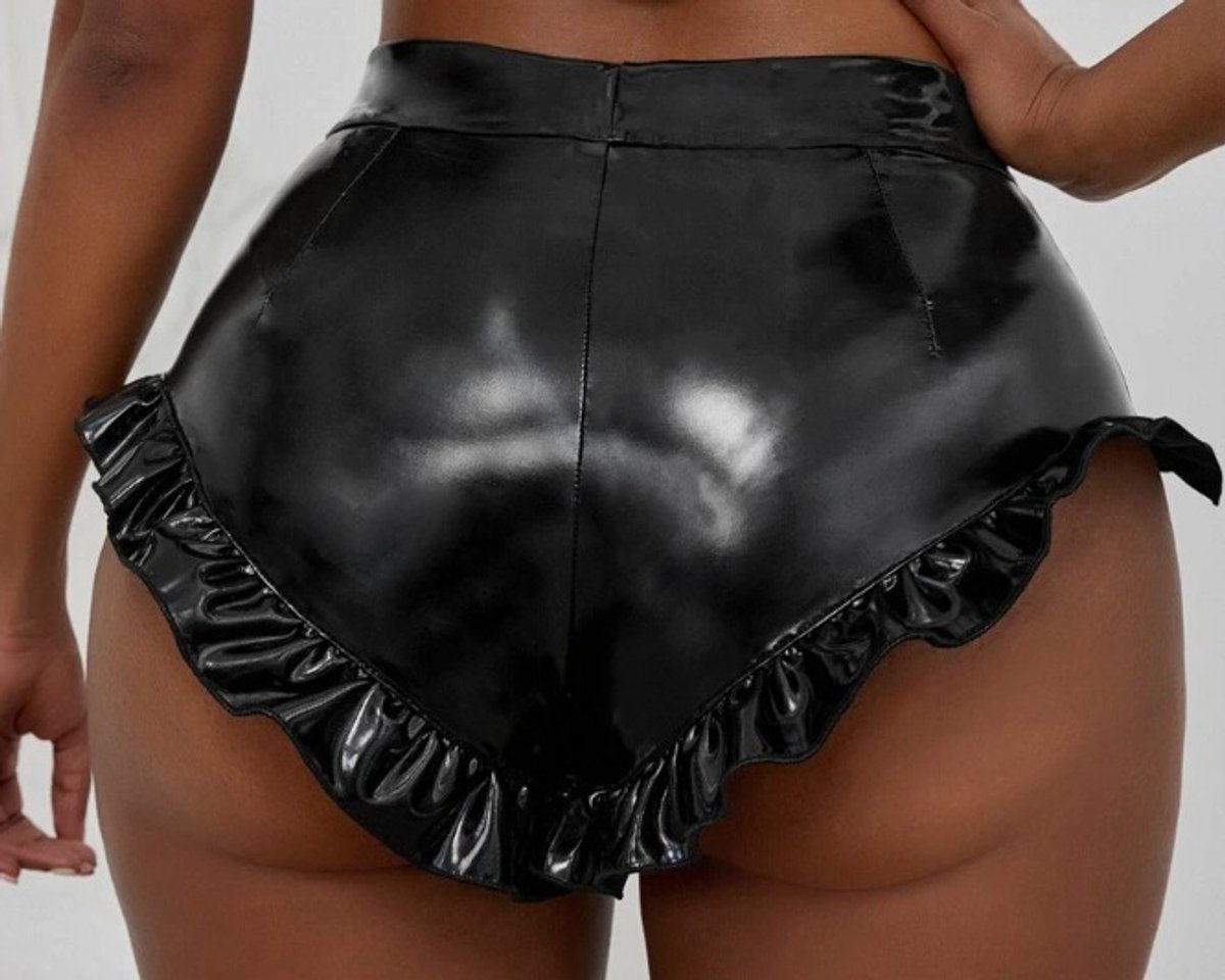 BamBella® Shorts -  Wetlook korte broek Dames - Zwart Datex mix latex en stof met franje