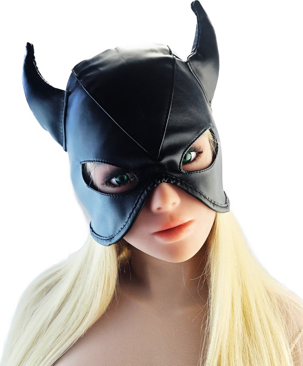 BNDGx® - BDSM Duivel seks Masker - Nep leer stof - Vetersluiting Zwart met hoorns