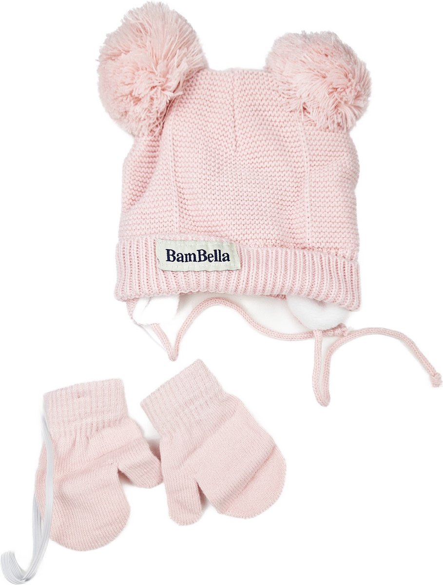 BamBella® Muts met wanten winter voor kind meisje 0 tot 1 jaar met pom pom warme borg fleece binnenkant en handschoenen