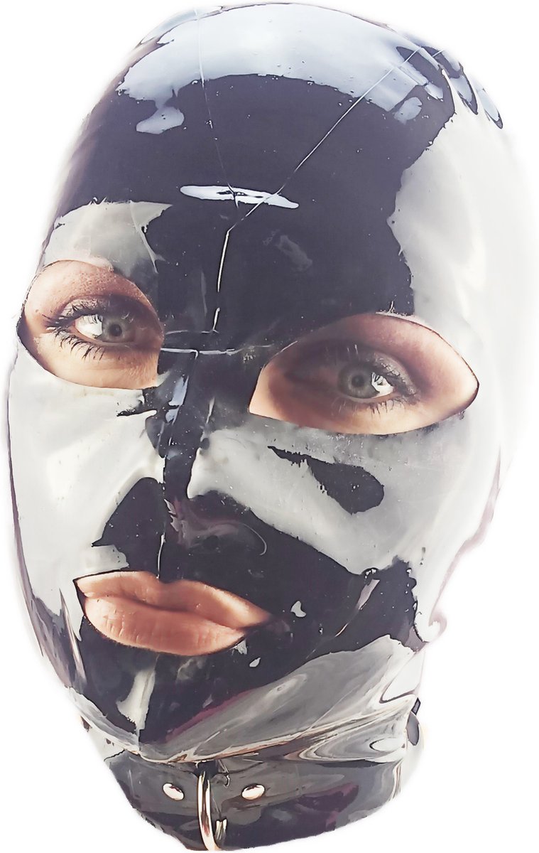 BNDGx® -100% Latex Masker ogen mond open - Anoniem Erotiek - Extreme BDSMsm fetish Rollenspel kleding Zwart nek ring