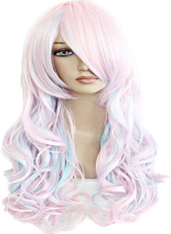 Pruik - Synthetisch - lang haar krullen - roze blauw - pony -dames cosplay staartjes verkleden als japanse anime meisje