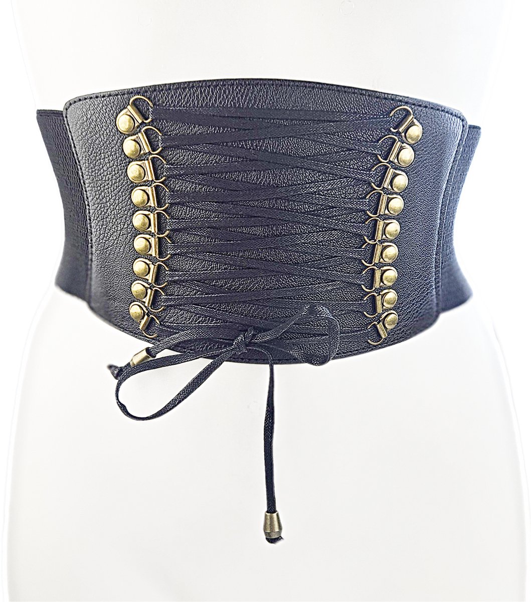 BamBella ® - Corset Riem Maat  Mode Body Gothic Goth taille riem zwart nepleer met vetersluiting Verstelbaar korset belt