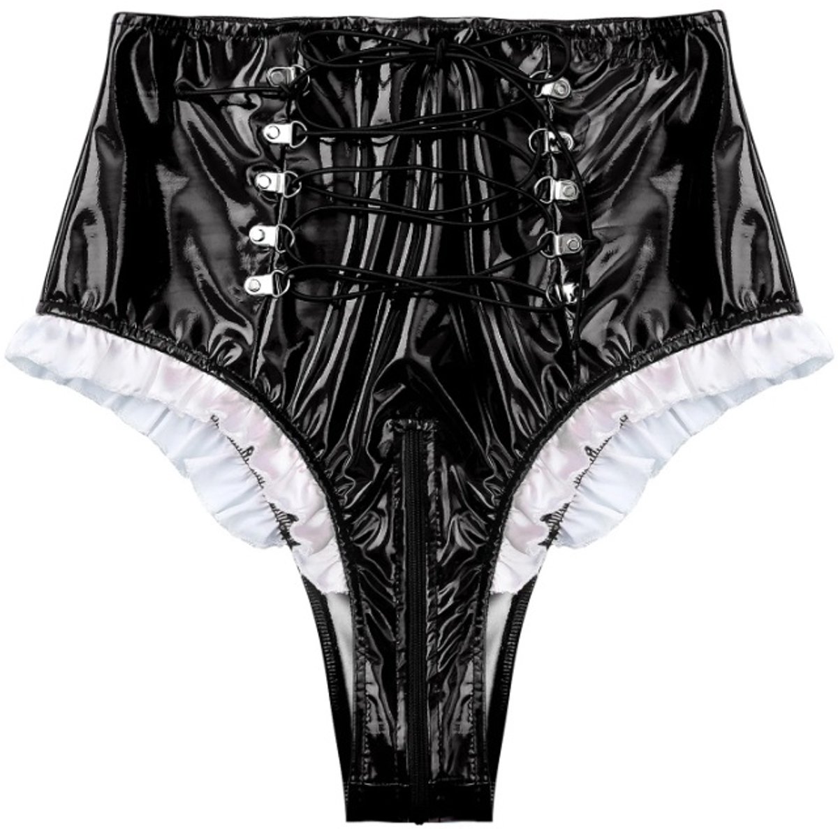 BamBella® Slip Onderbroek -  Erotische Sexy BDSM Lingerie Dames - Zwart rits ondergoed Datex mix latex en stof wetlook open kruis