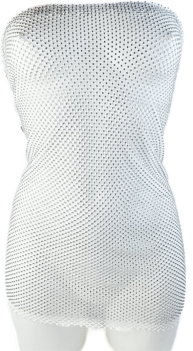 BamBella® - Jurk - Maat Onesize - Strass steentjes SS10 Super stretch Doorzichtig wit kant Sexy erotische tube koker jurk