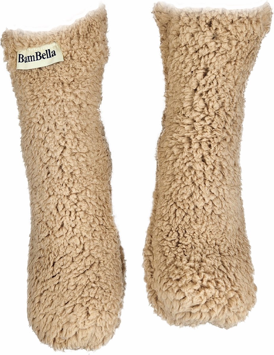BamBella® - Teddy sokken - maat 35 t/m 41 - Warme winter fluffy dames huissokken antislip Bruin