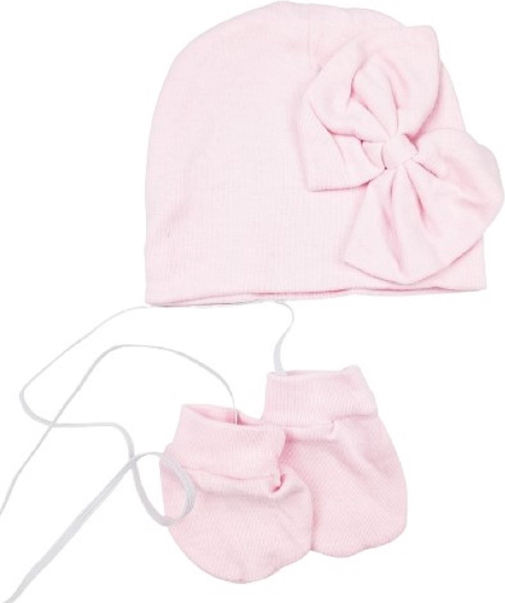 BamBella® Baby muts - 0 - 3 maanden pasgeboren winter mutsje met wanten handschoenen anti krab met strik Roze