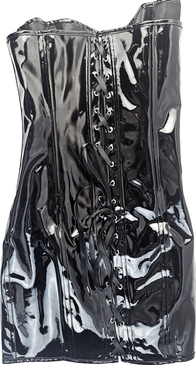 BamBella® - Erotische Jurk-  met vetersluiting Zwart Rollenspel sm dames sexy Glans kleding mix van Latex en stof Datex
