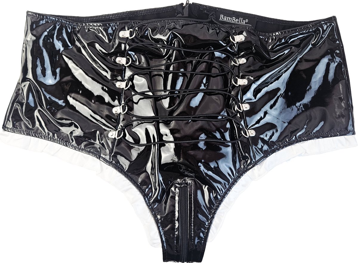 BamBella® Slip Onderbroek -  Erotische Sexy BDSM Lingerie Dames - Zwart rits ondergoed Datex mix latex en stof wetlook open kruis